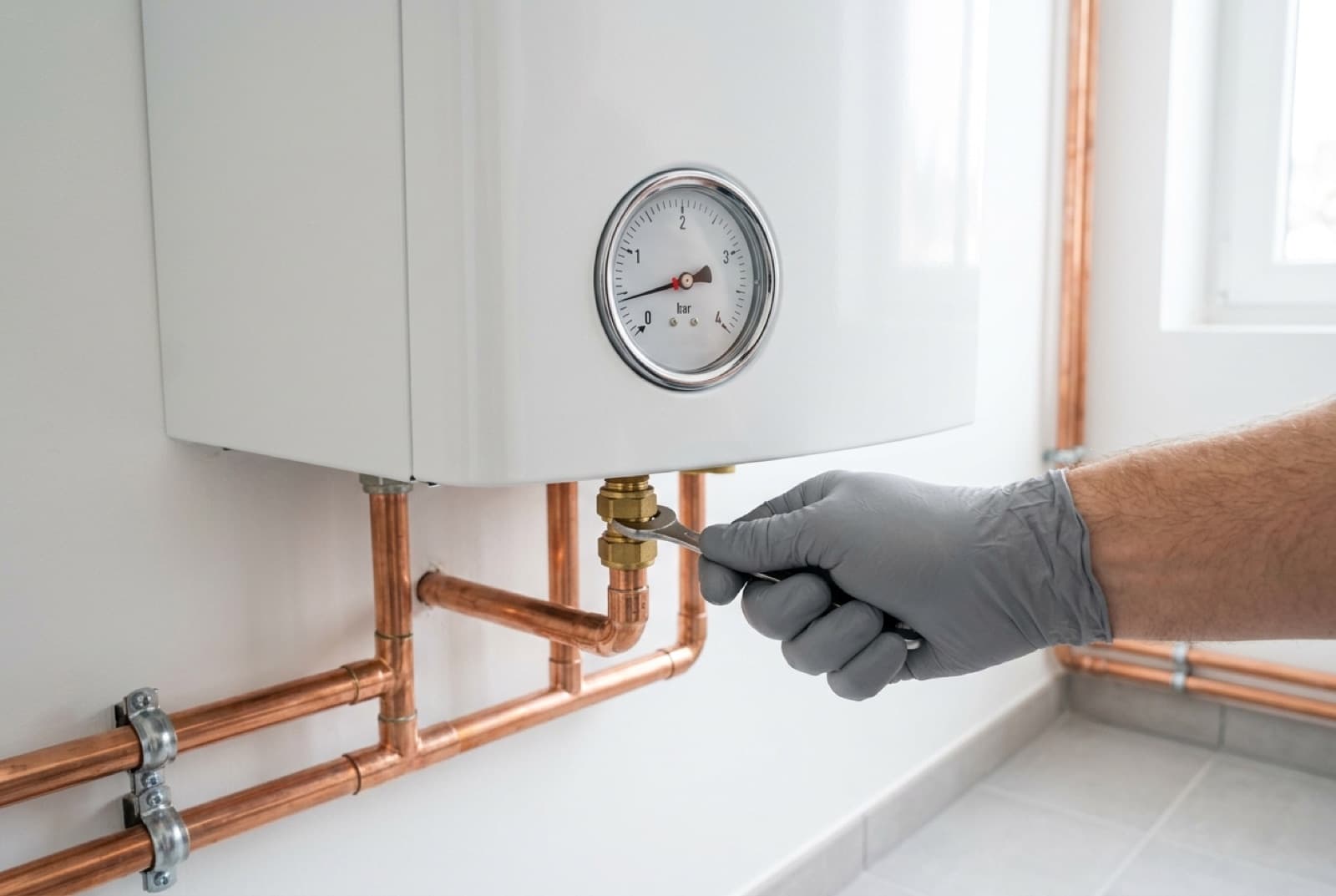 Chauffagiste contrôlant le manomètre de pression d'une chaudière murale à gaz ouverte