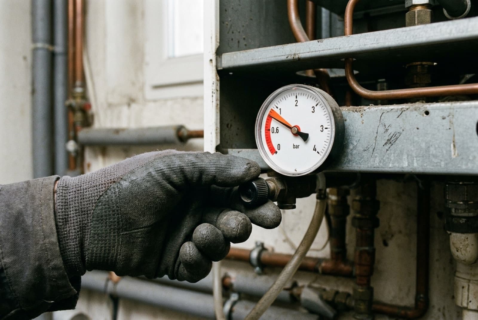 Chauffagiste contrôlant le manomètre de pression d'une chaudière murale à gaz ouverte
