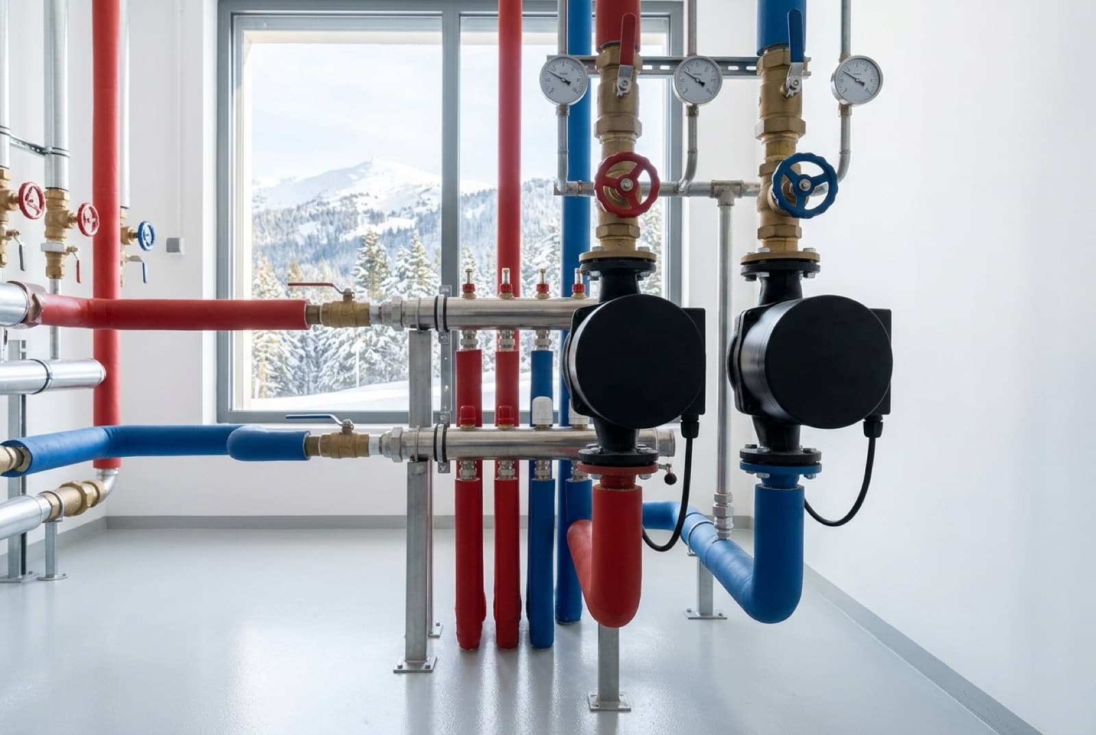 Chaufferie collective d'immeuble avec collecteurs, circulateurs et vannes de distribution