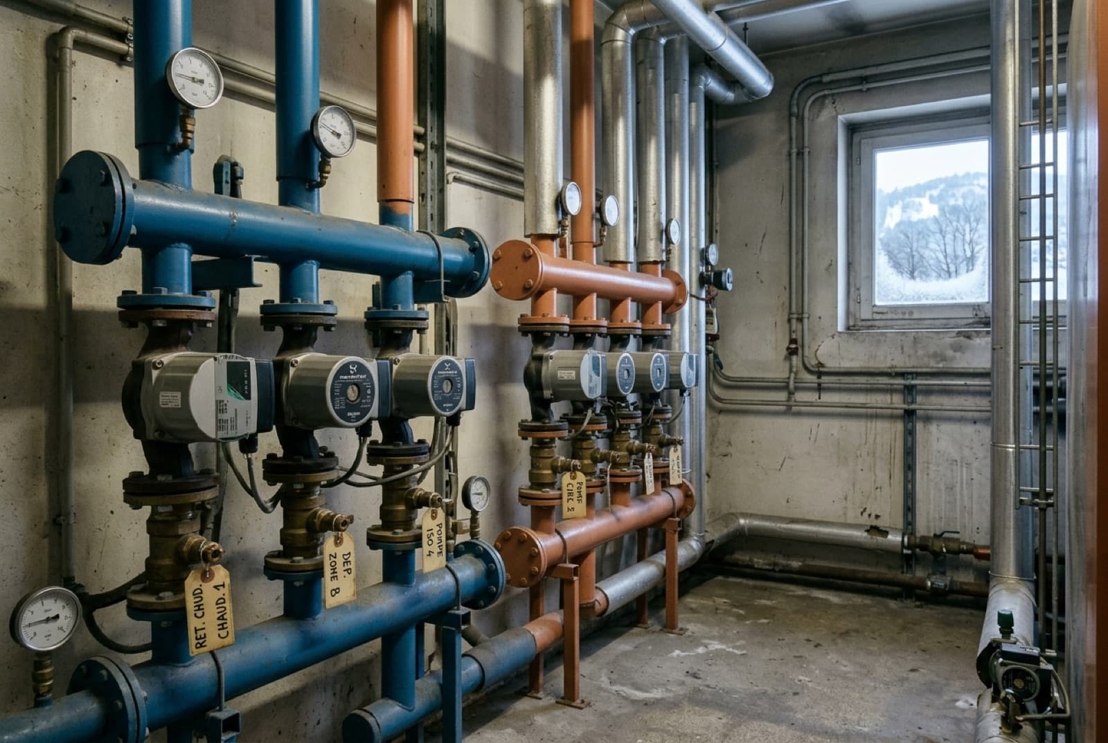 Chaufferie collective d'immeuble avec collecteurs, circulateurs et vannes de distribution