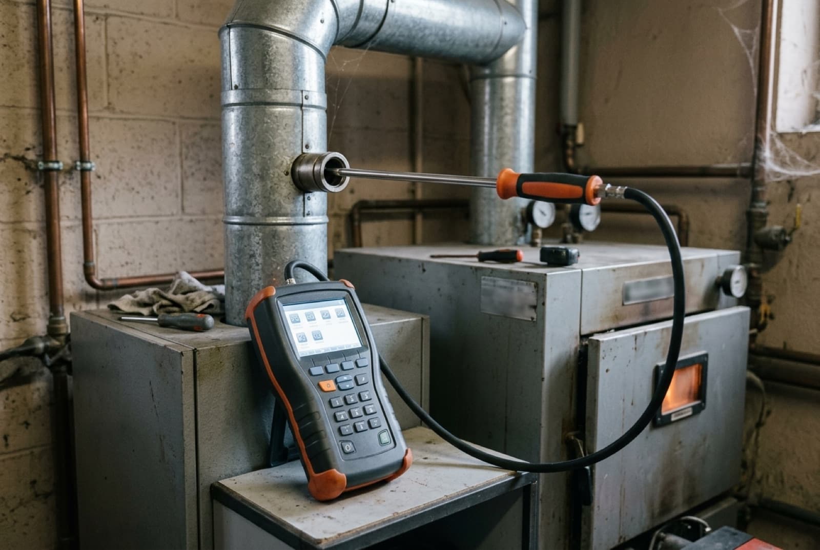 Analyseur de combustion en cours de mesure sur le conduit d'évacuation d'une chaudière