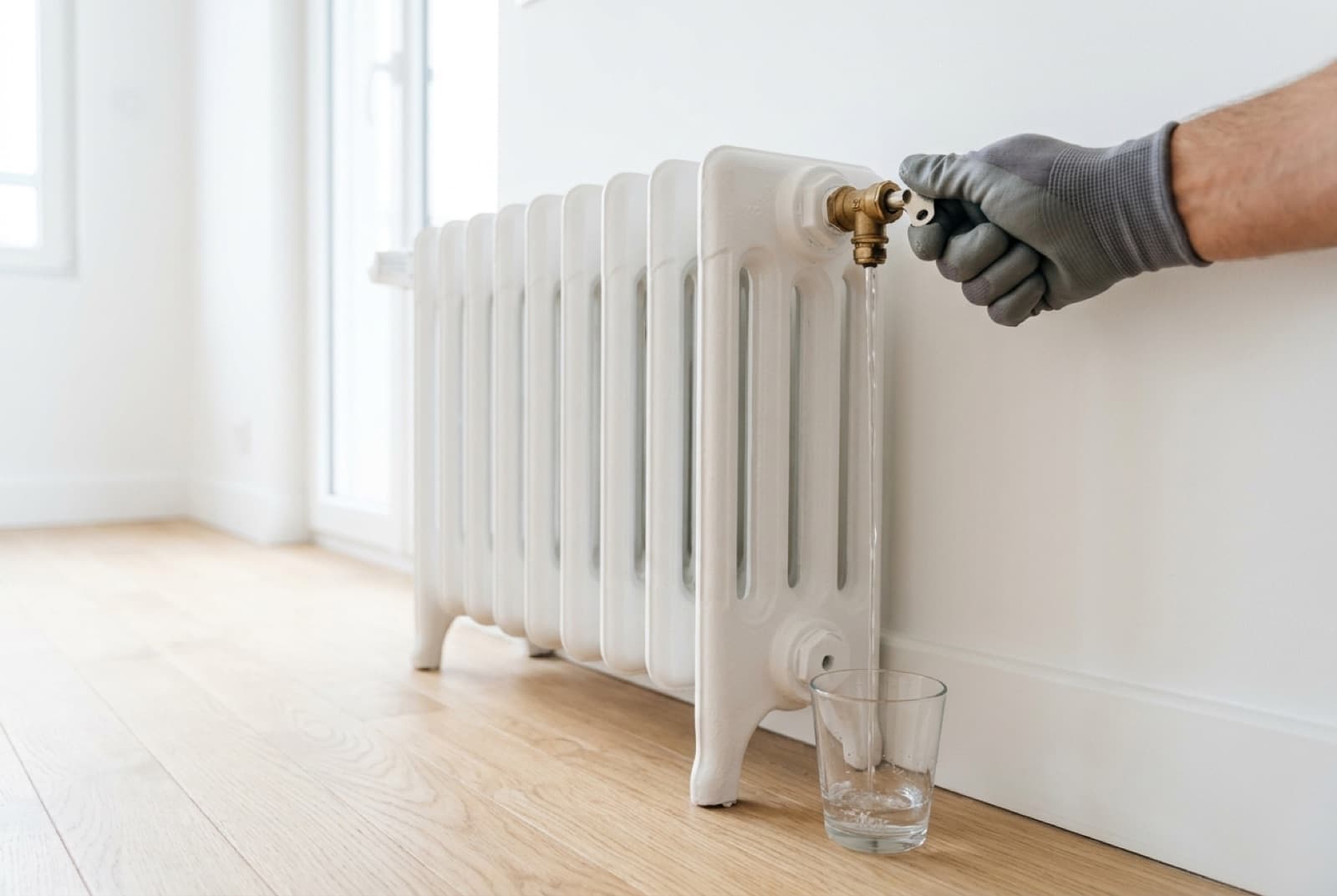 Purge d'un radiateur en fonte ancien avec clé de purge et récipient posé au sol