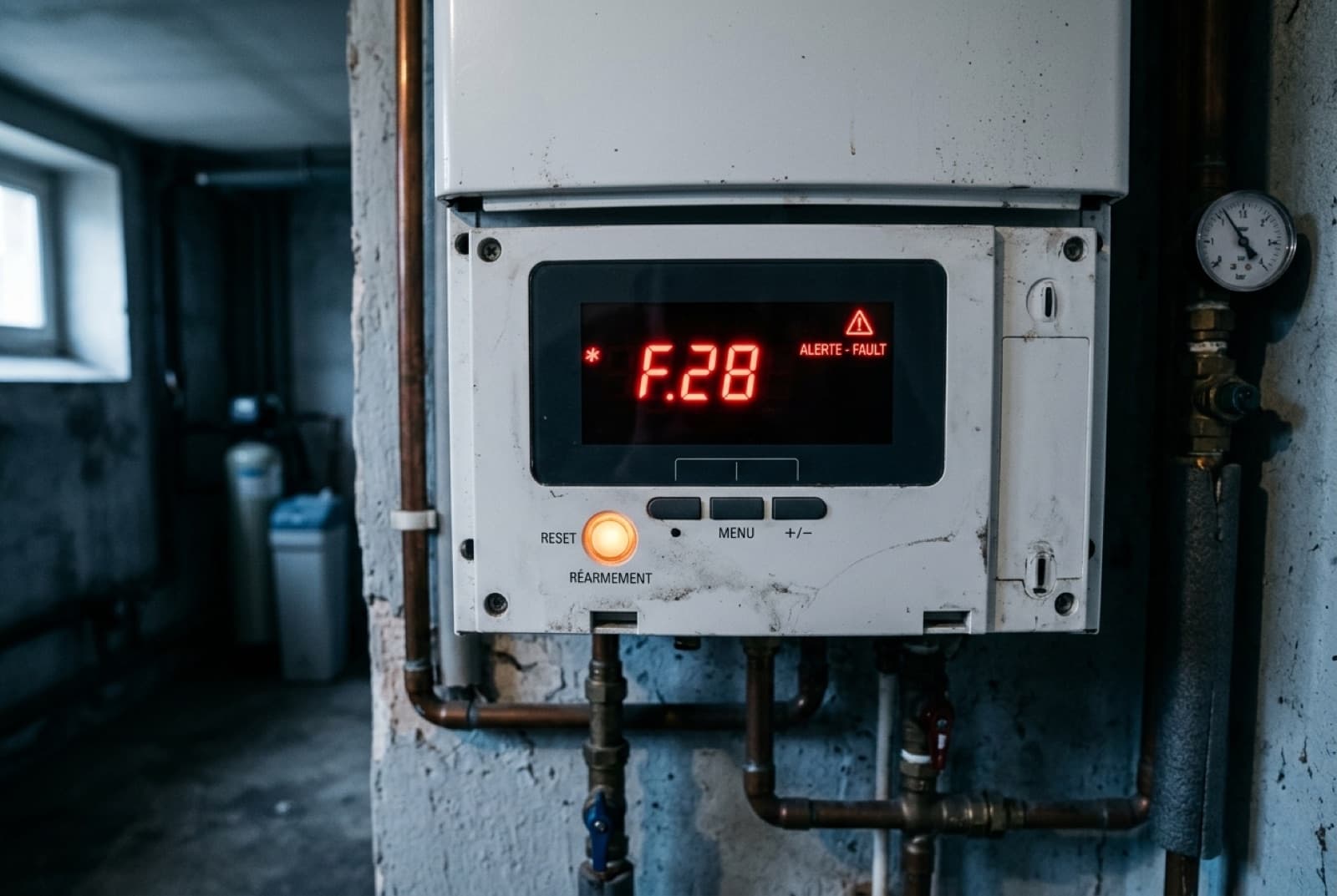Écran de commande d'une chaudière murale affichant un code défaut dans un logement froid