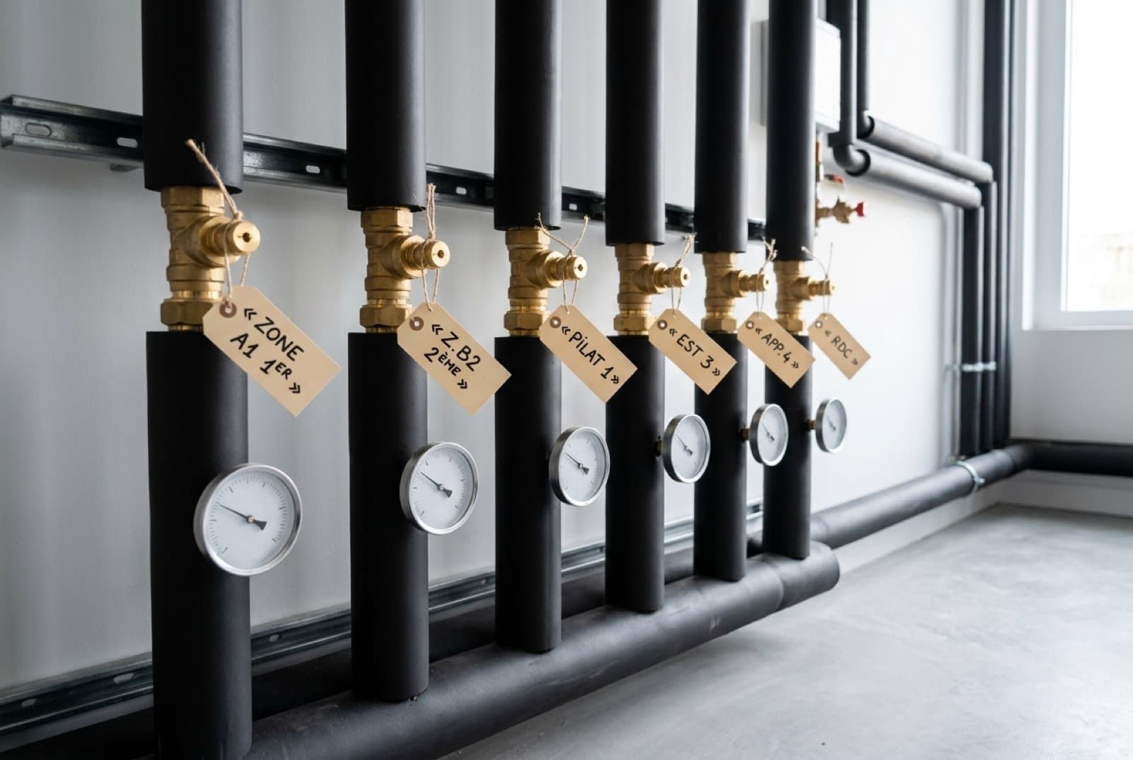 Collecteur de départ de chauffage collectif avec vannes d'équilibrage étiquetées