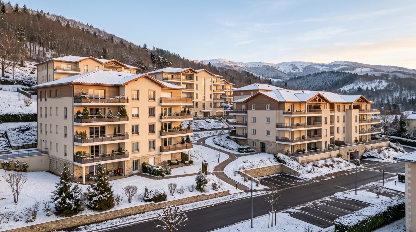 Immeubles collectifs de La Ricamarie adossés au coteau, ciel d'hiver bas