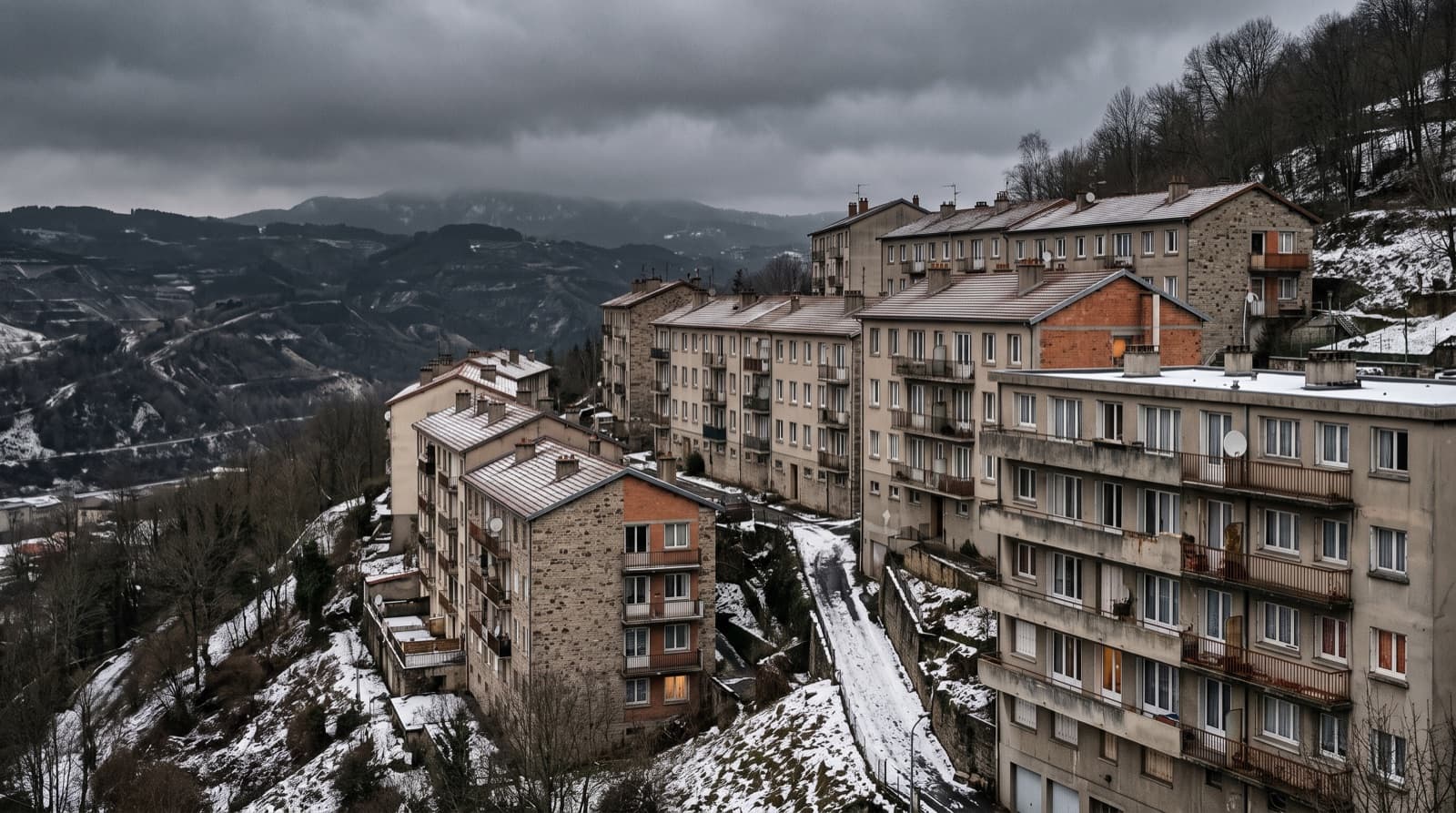 Immeubles collectifs de La Ricamarie adossés au coteau, ciel d'hiver bas