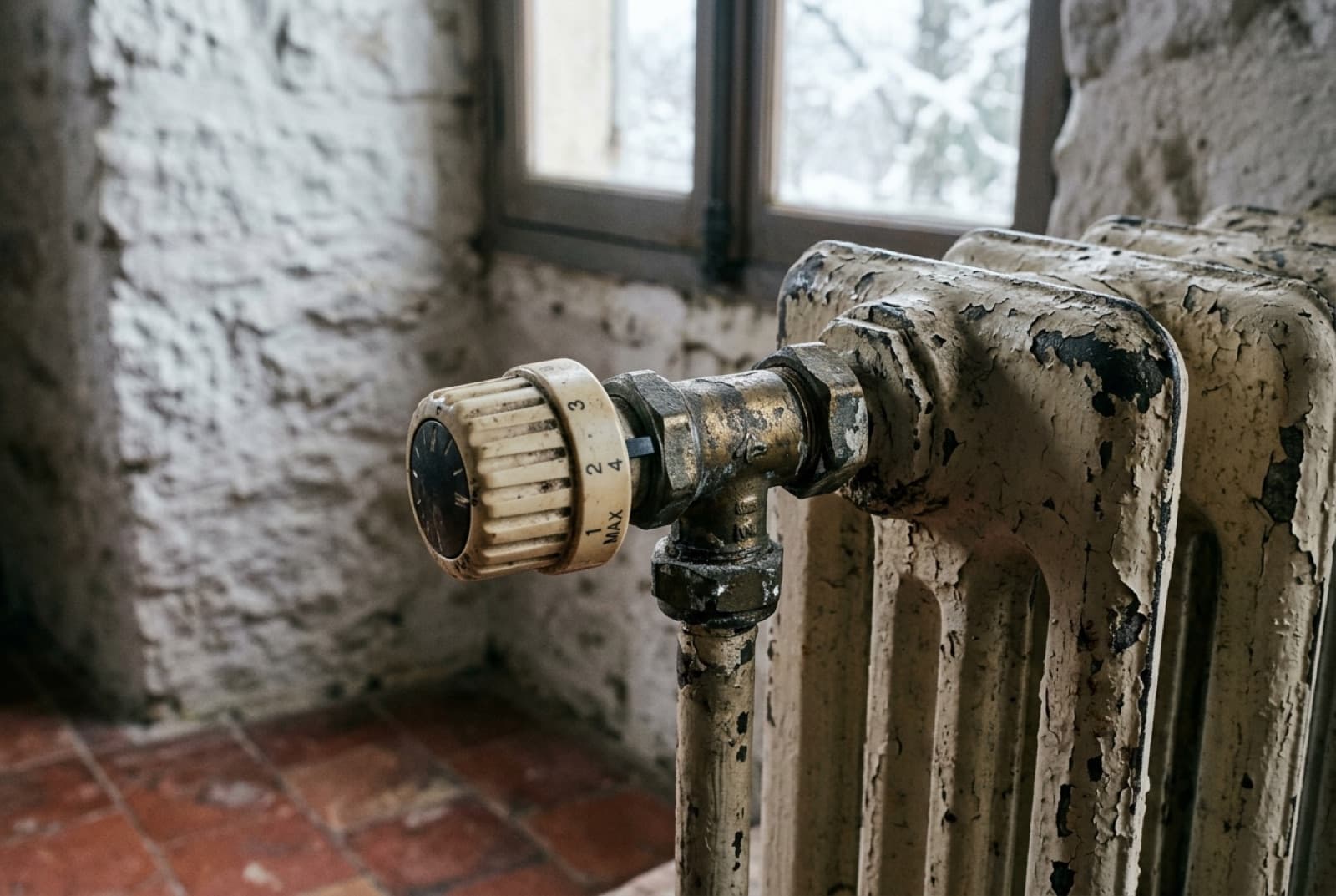 Radiateur en fonte ancien dans une maison de village, robinet thermostatique en gros plan