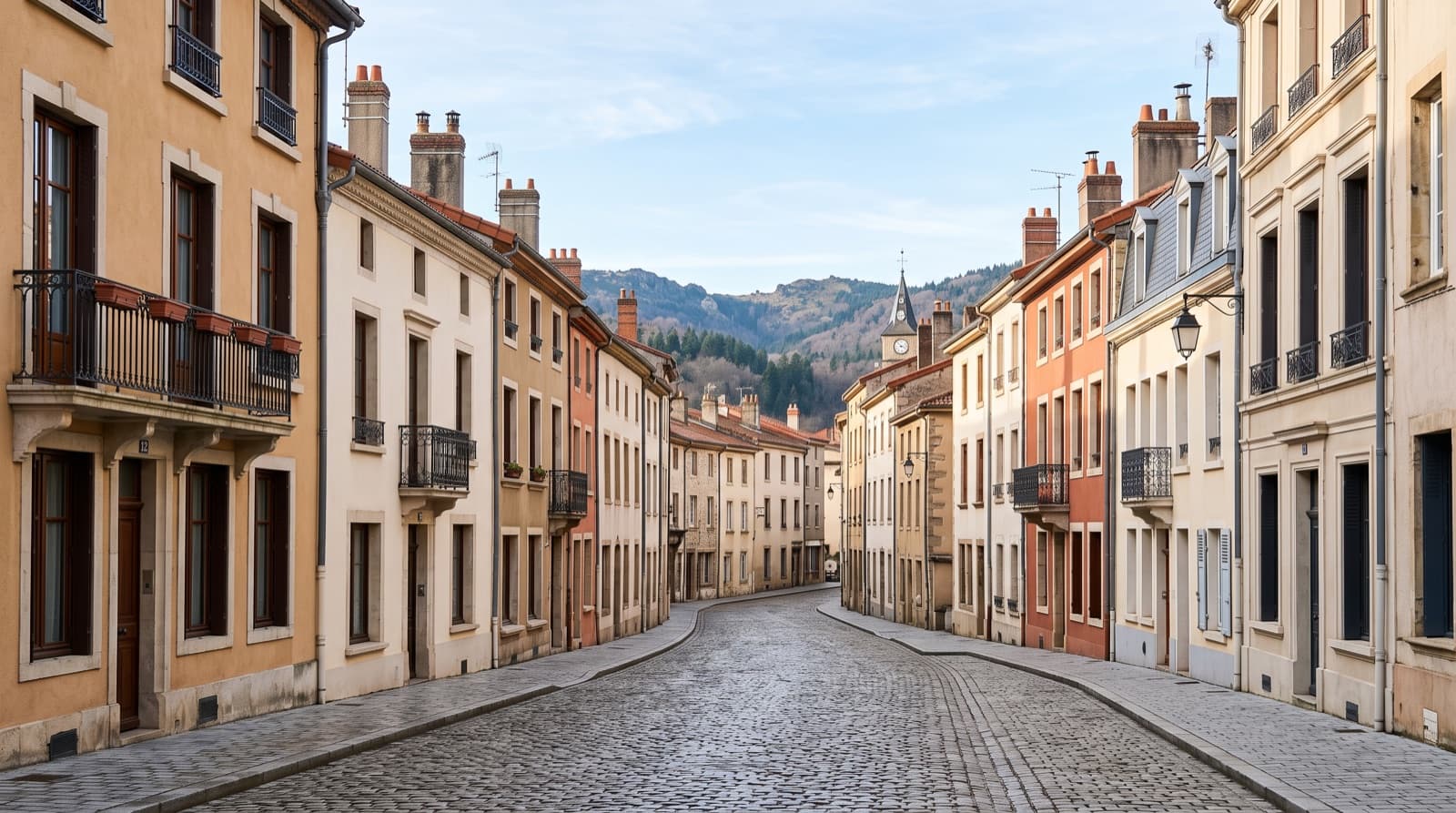 Centre ancien du Chambon-Feugerolles dans la vallée de l'Ondaine sous un ciel gris d'hiver