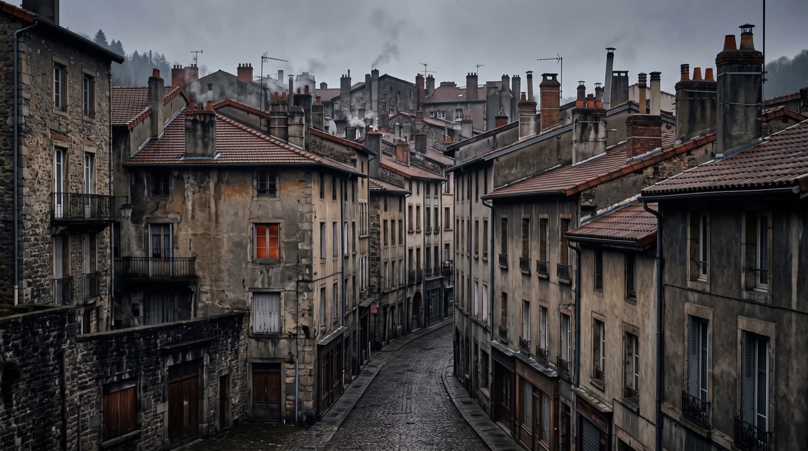 Centre ancien du Chambon-Feugerolles dans la vallée de l'Ondaine sous un ciel gris d'hiver
