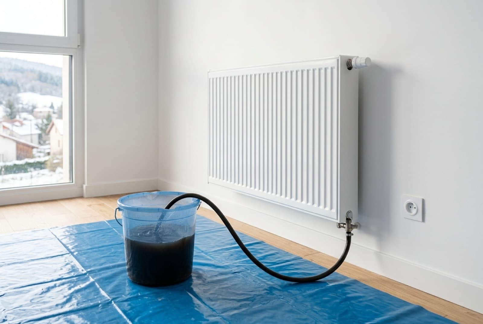 Eau noire de désembouage recueillie dans un seau au pied d'un radiateur