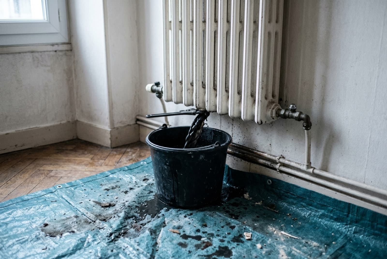 Eau noire de désembouage recueillie dans un seau au pied d'un radiateur