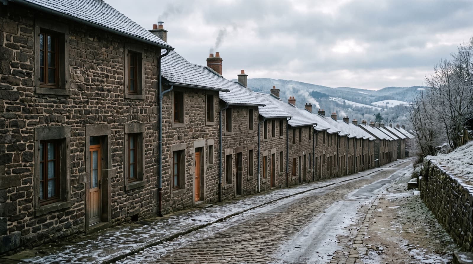 Alignement de maisons de mineurs réhabilitées à Roche-la-Molière un matin d'hiver
