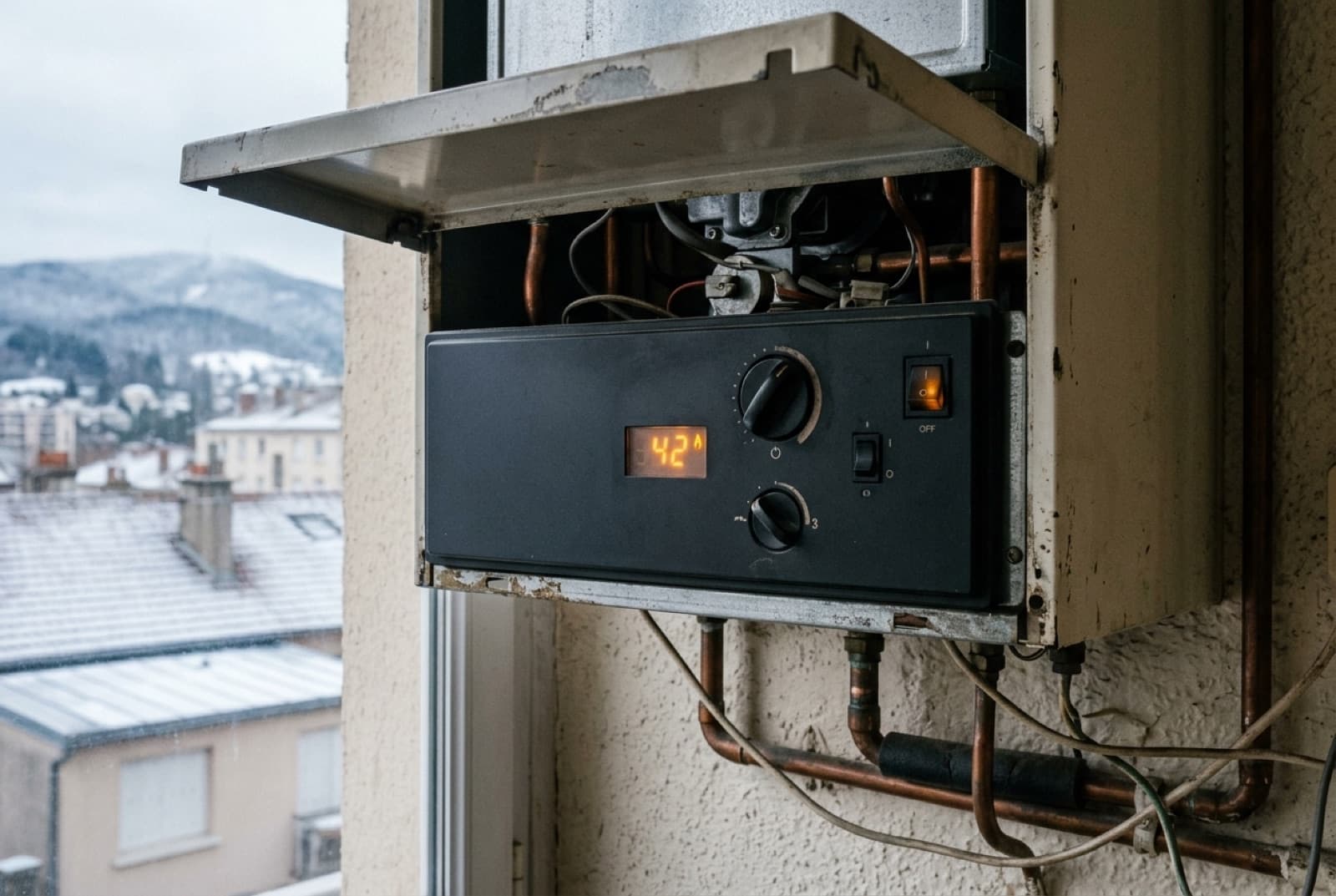 Chauffagiste relevant les paramètres d'une chaudière murale dans un appartement ancien