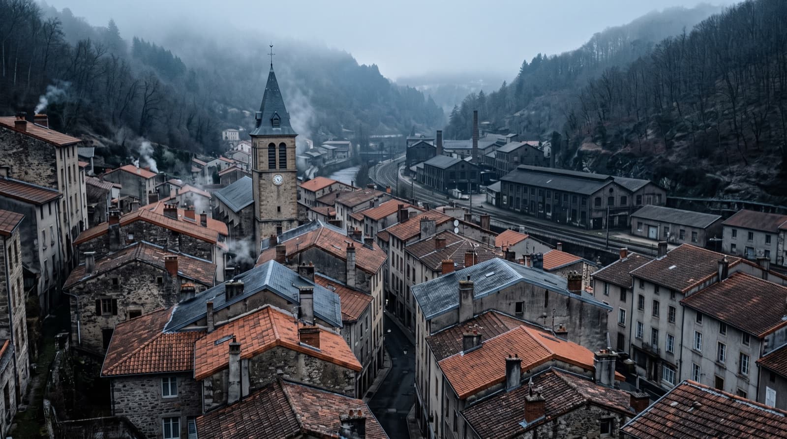 Toitures du centre ancien de Saint-Chamond dans la vallée du Gier au petit matin