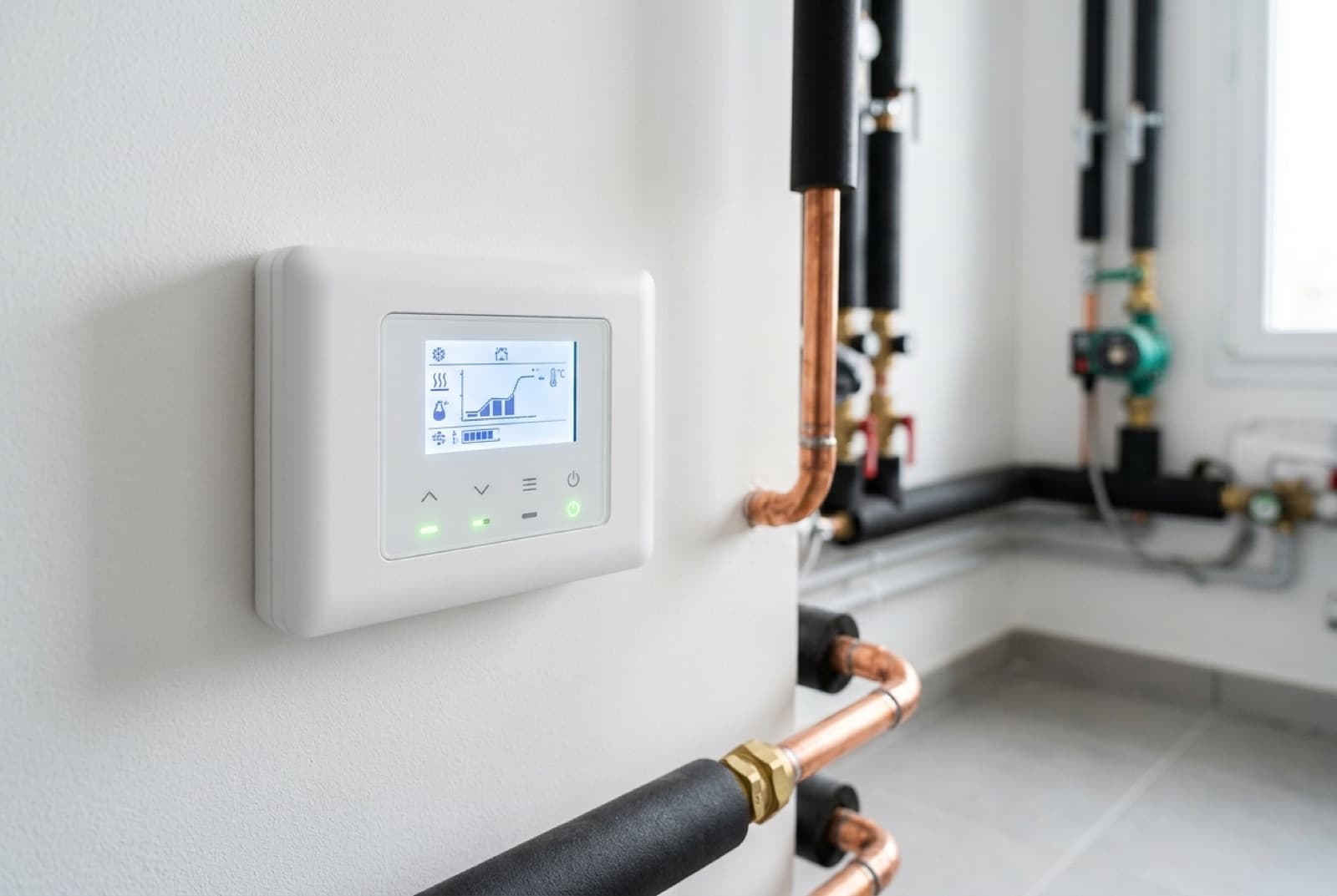 Écran de régulation d'une pompe à chaleur air-eau affichant les paramètres de chauffage
