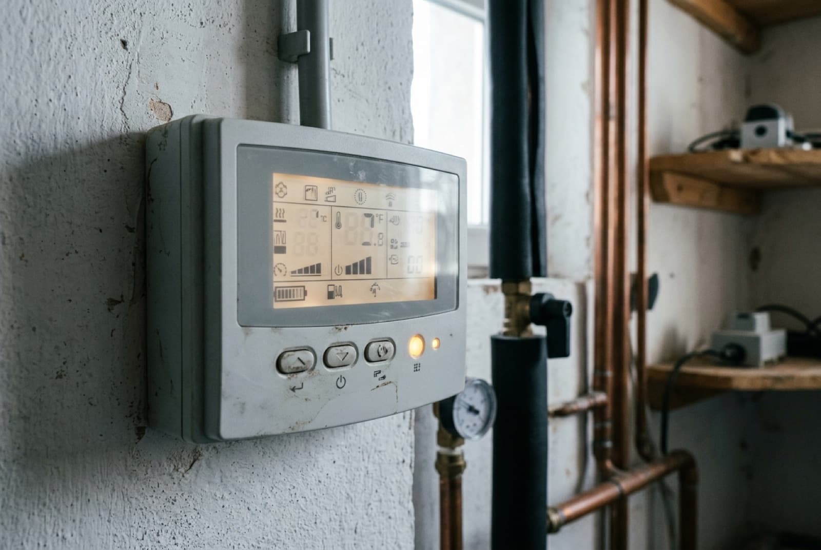 Écran de régulation d'une pompe à chaleur air-eau affichant les paramètres de chauffage