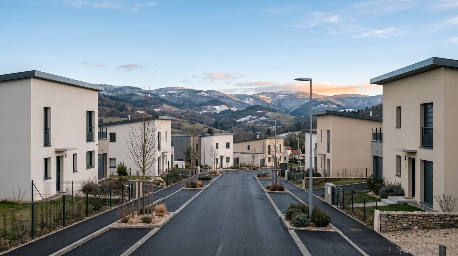 Quartier pavillonnaire récent de Saint-Priest-en-Jarez sous un ciel d'hiver