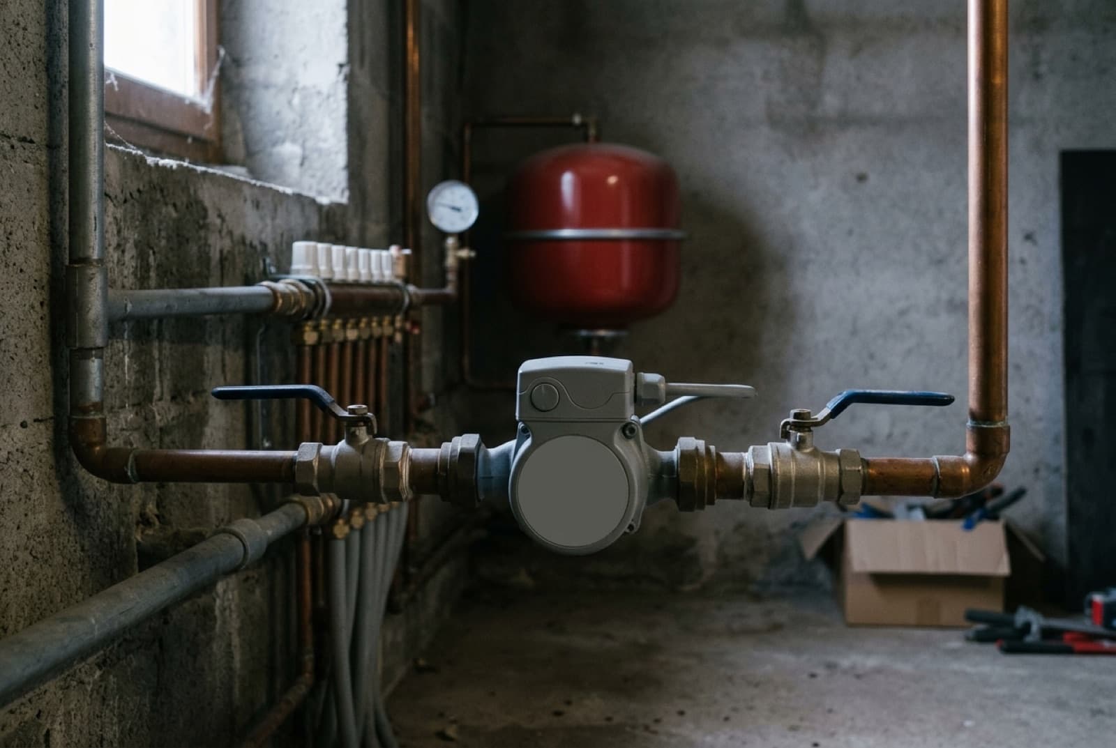 Chauffagiste vérifiant le circulateur et les vannes d'un circuit de chauffage en sous-sol