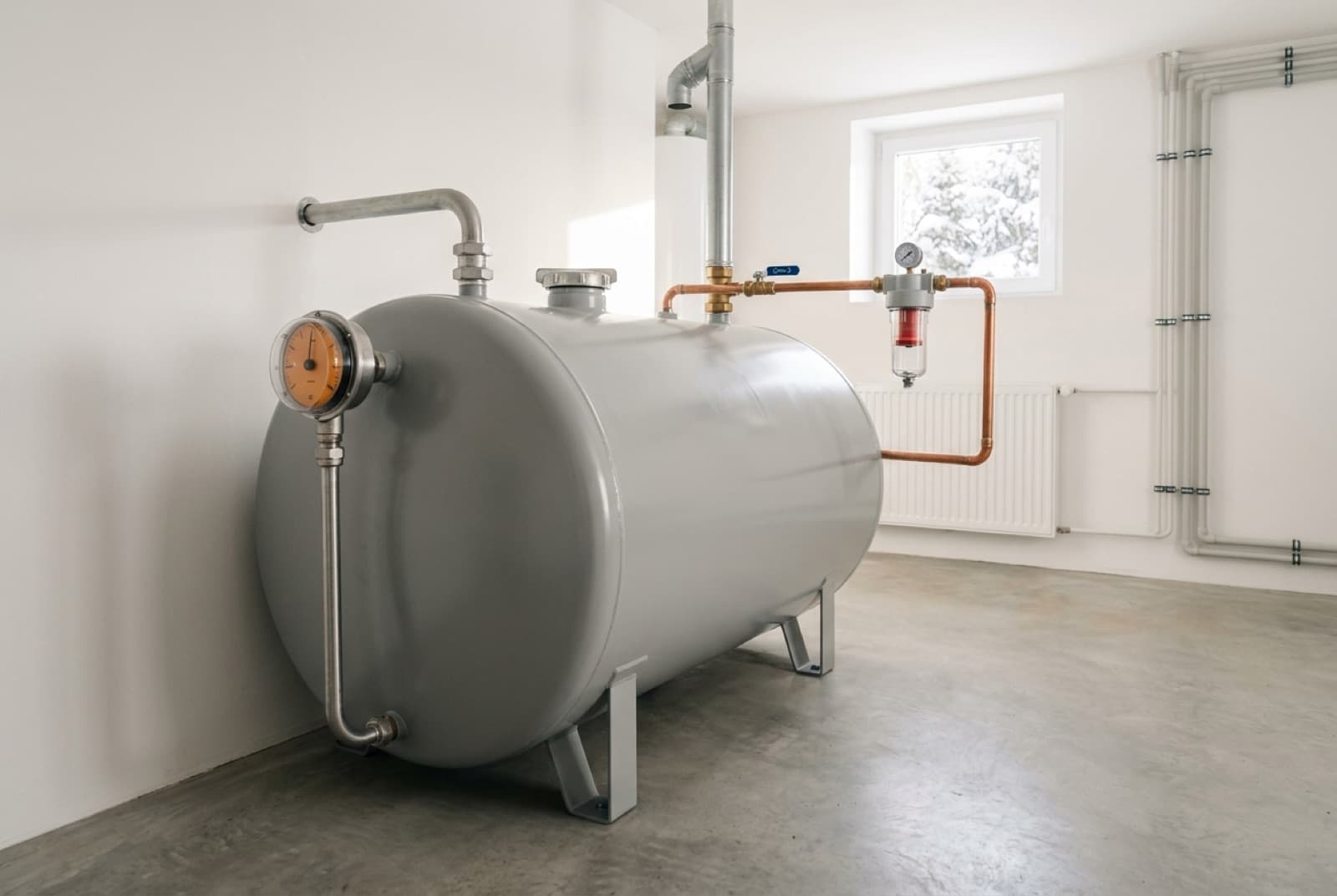 Cuve à fioul en sous-sol de maison individuelle avec jauge et ligne d'alimentation