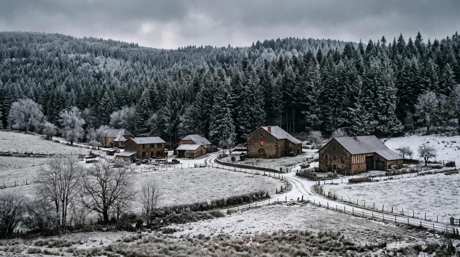 Habitat dispersé d'Unieux à la lisière boisée du Pilat, paysage hivernal