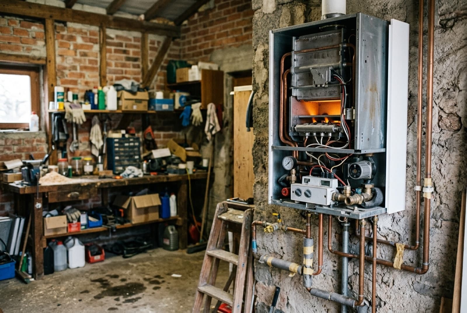Chaudière murale à gaz installée dans un garage de pavillon, capot ouvert
