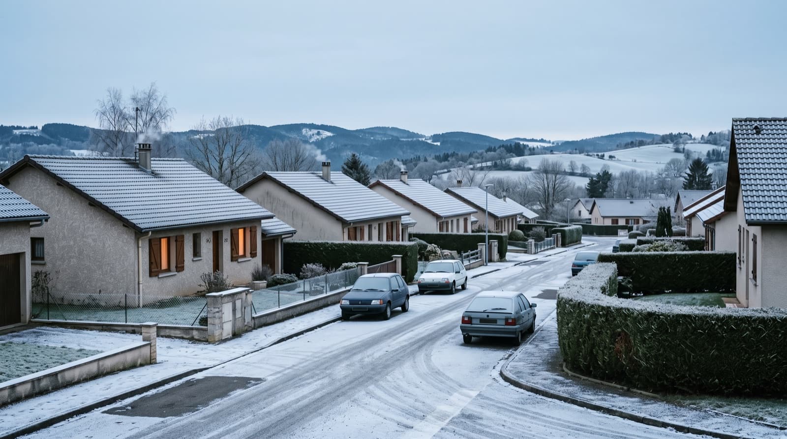 Rue pavillonnaire de Villars un matin d'hiver, toitures givrées