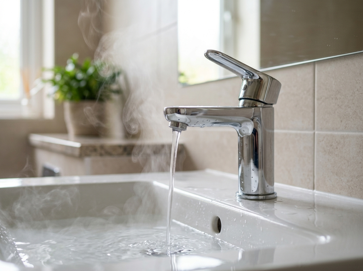 Robinet de salle de bain avec un léger filet d'eau chaude et de la vapeur