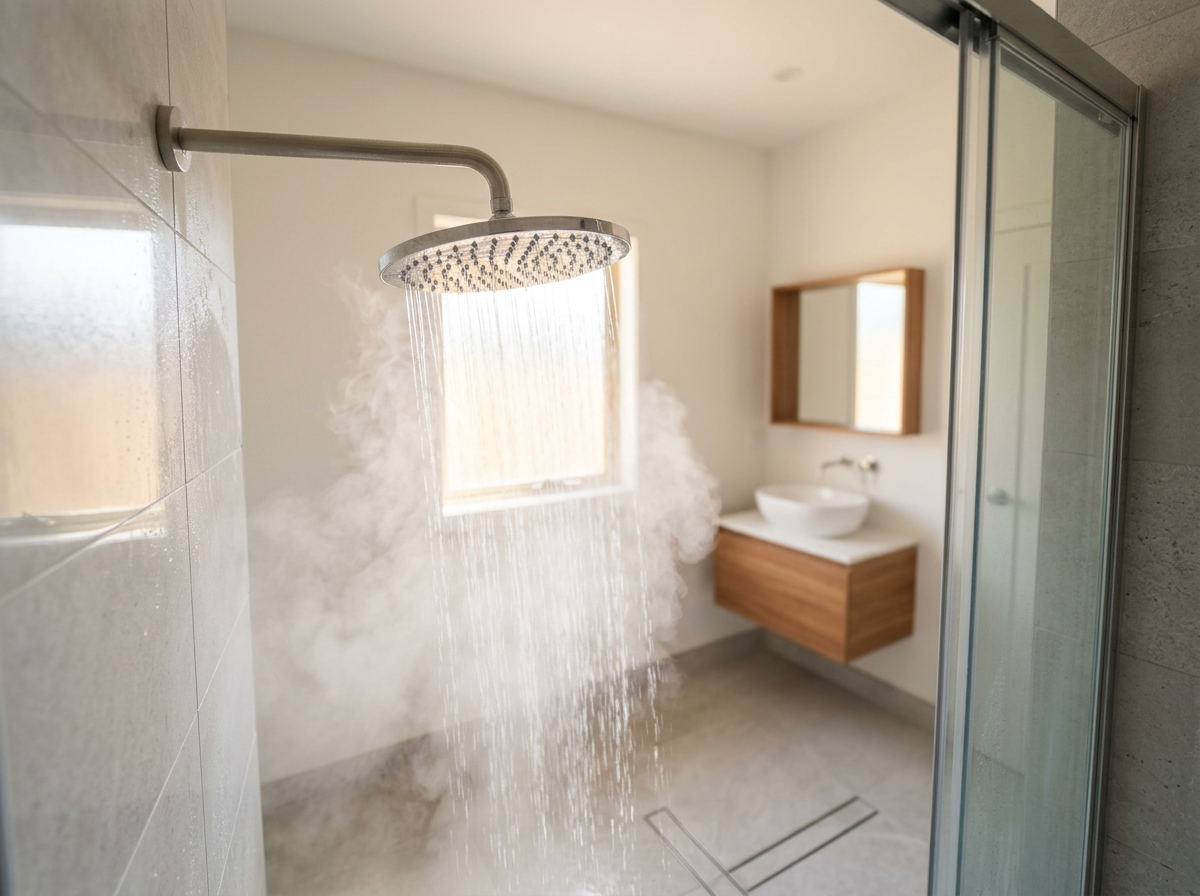 Pommeau de douche avec de la vapeur d'eau chaude dans une salle de bain chaleureuse