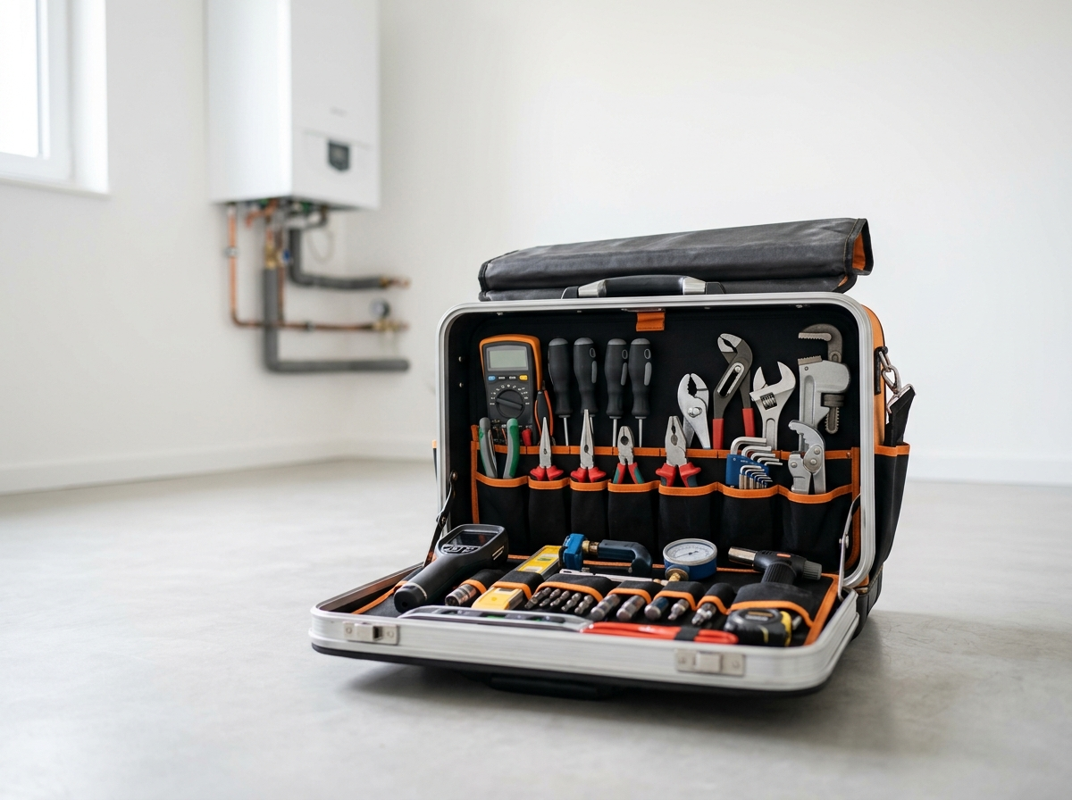 Gros plan sur une boîte à outils de chauffagiste ouverte