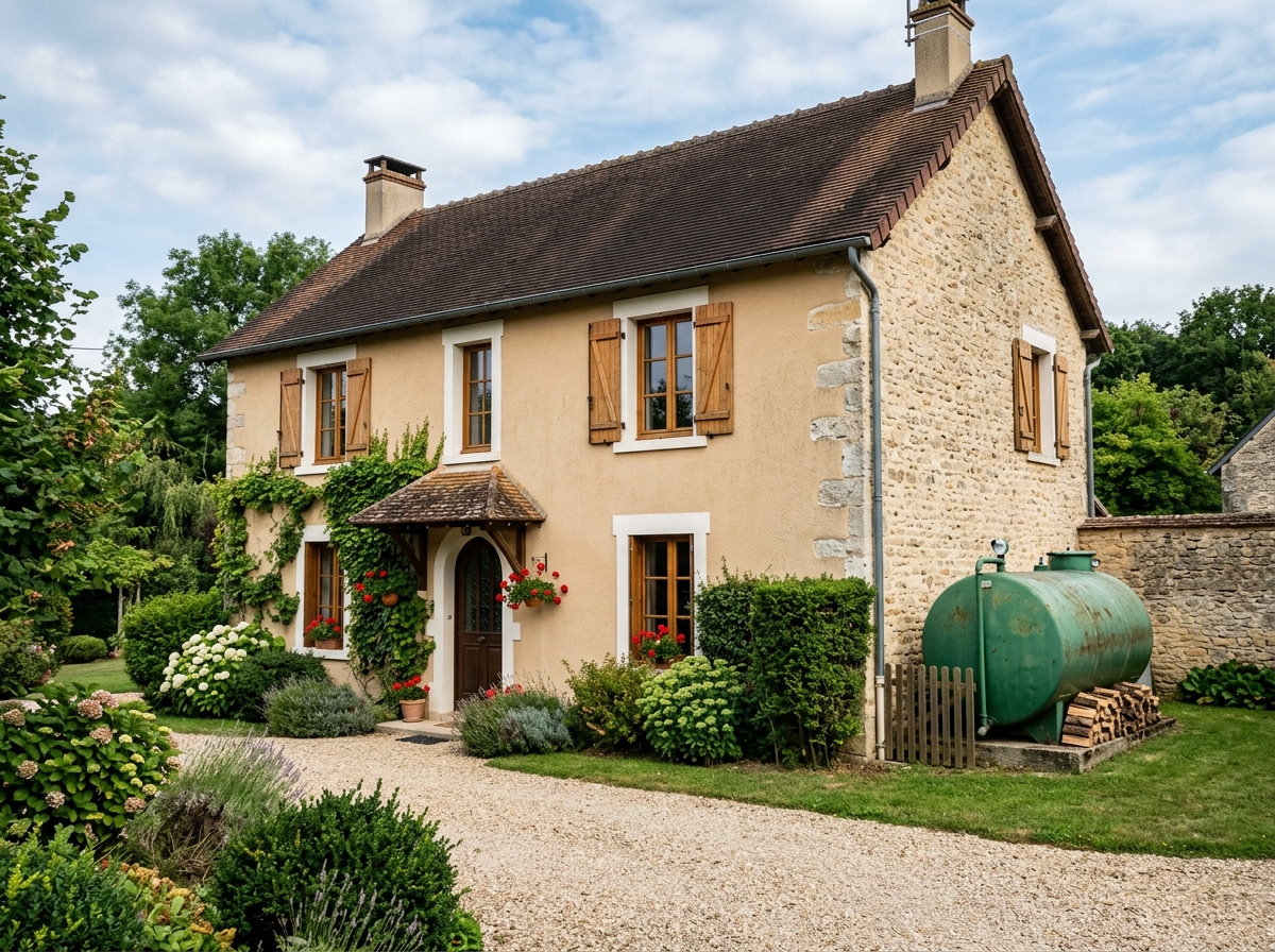 Façade de maison individuelle avec une cuve à fioul visible sur le côté