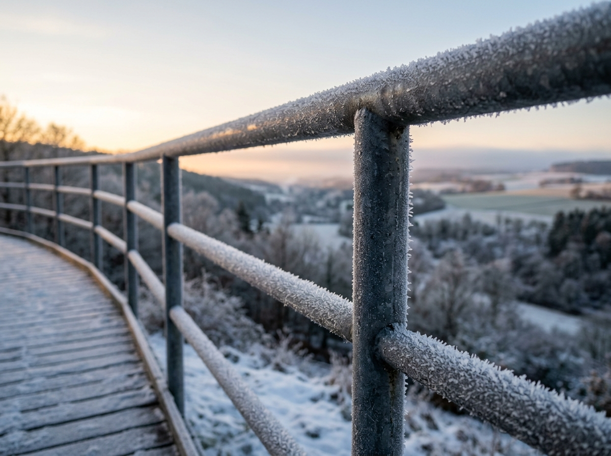 Givre fin sur une rambarde métallique extérieure