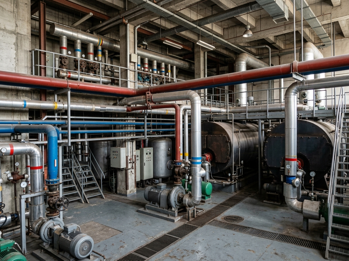 Intérieur d'une chaufferie collective avec grosses tuyauteries industrielles