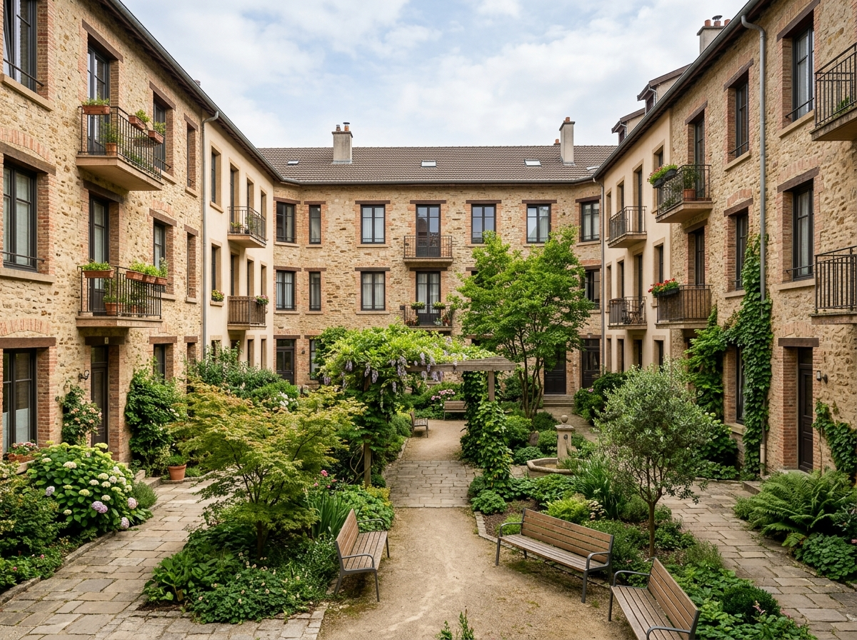 Cour intérieure calme d'un ensemble de logements collectifs réhabilités