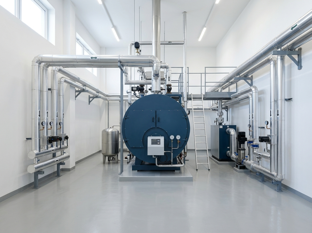 Intérieur d'une chaufferie collective d'immeuble avec de grosses tuyauteries et une chaudière industrielle