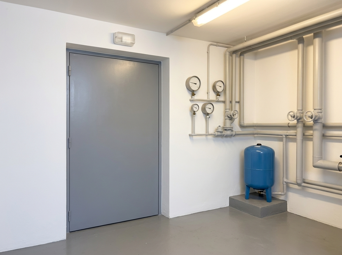 Porte technique métallique d'accès à une chaufferie collective en sous-sol