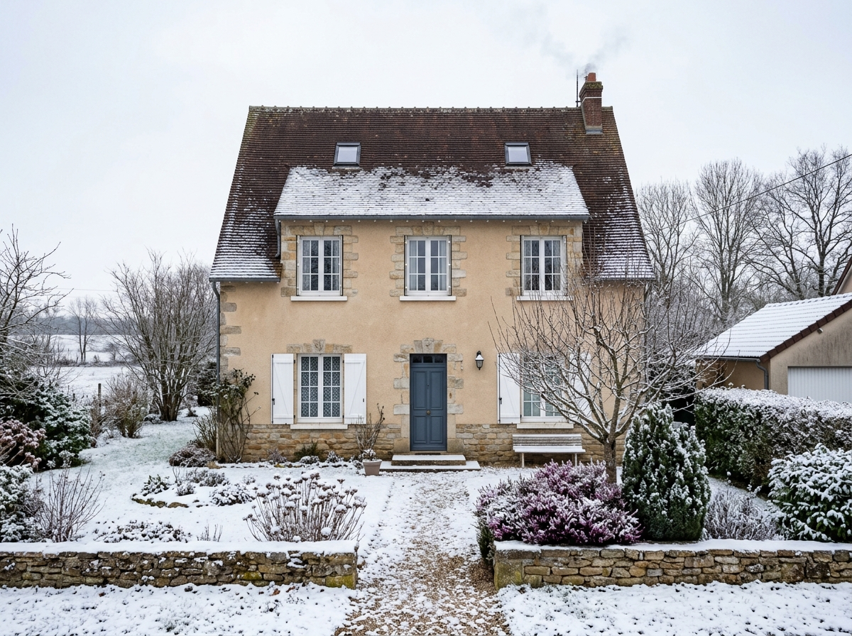Façade d'un pavillon individuel avec toit en pente et jardin en hiver