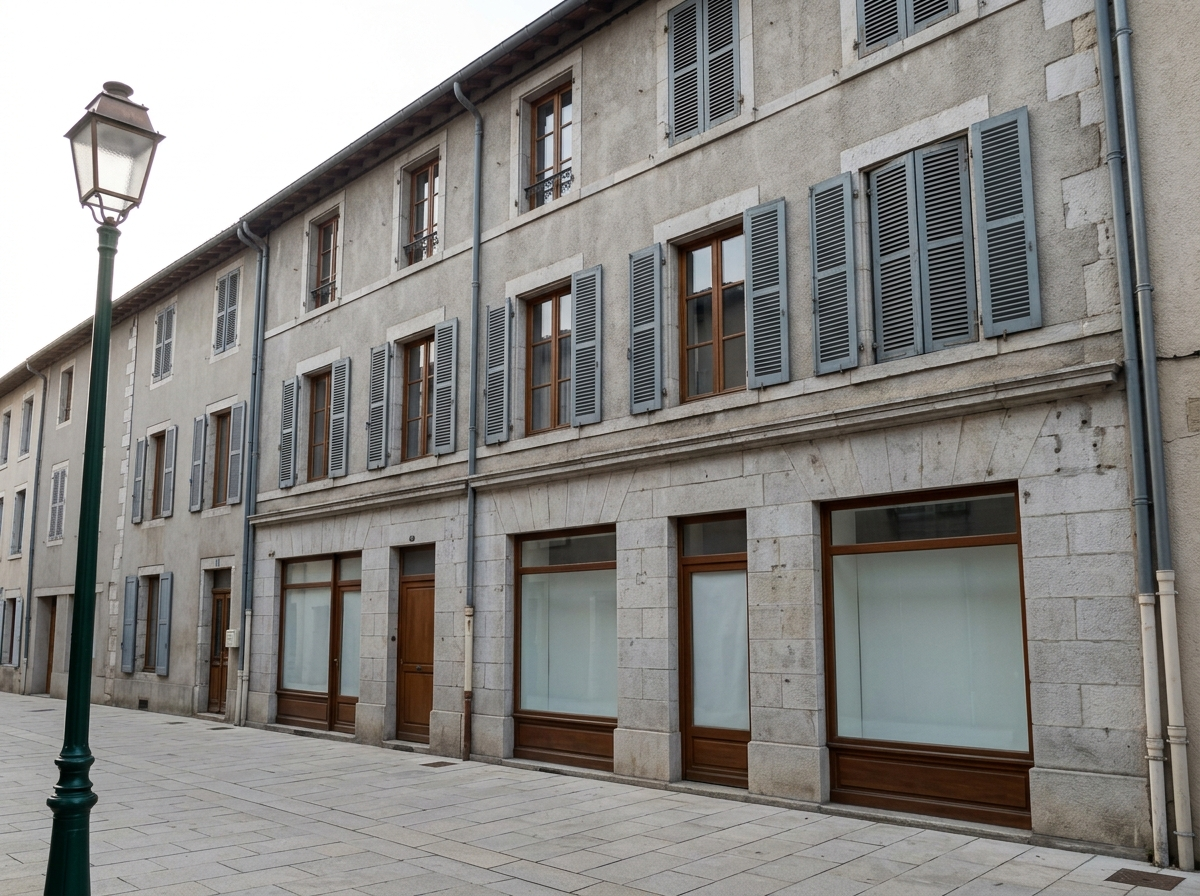 Façade d'un centre de village ancien avec architecture traditionnelle de la Loire