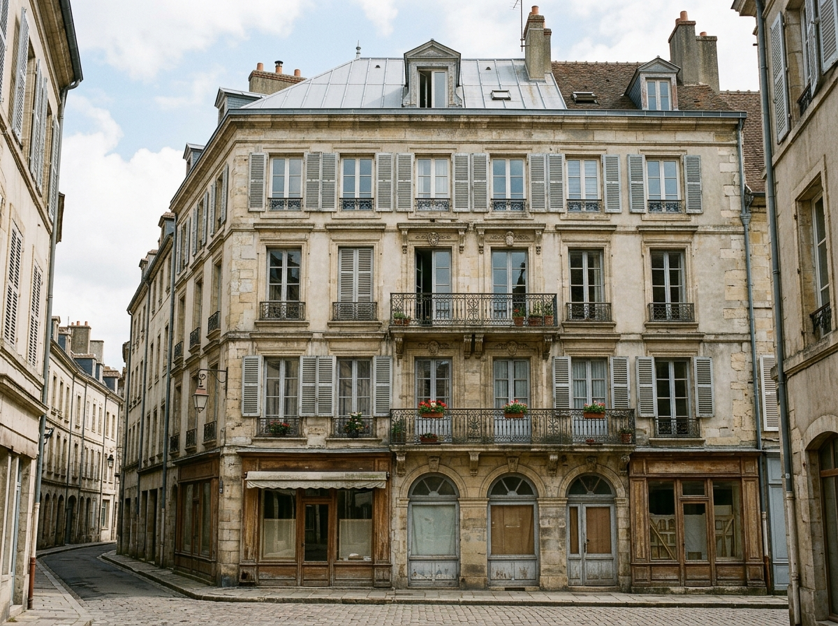 Façade d'immeuble ancien dense typique d'un centre-ville de sous-préfecture