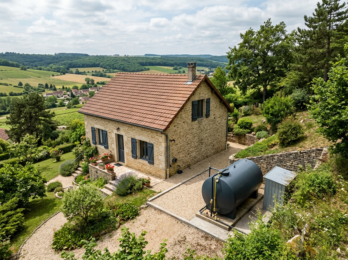 Maison individuelle sur un coteau avec une cuve à fioul extérieure visible