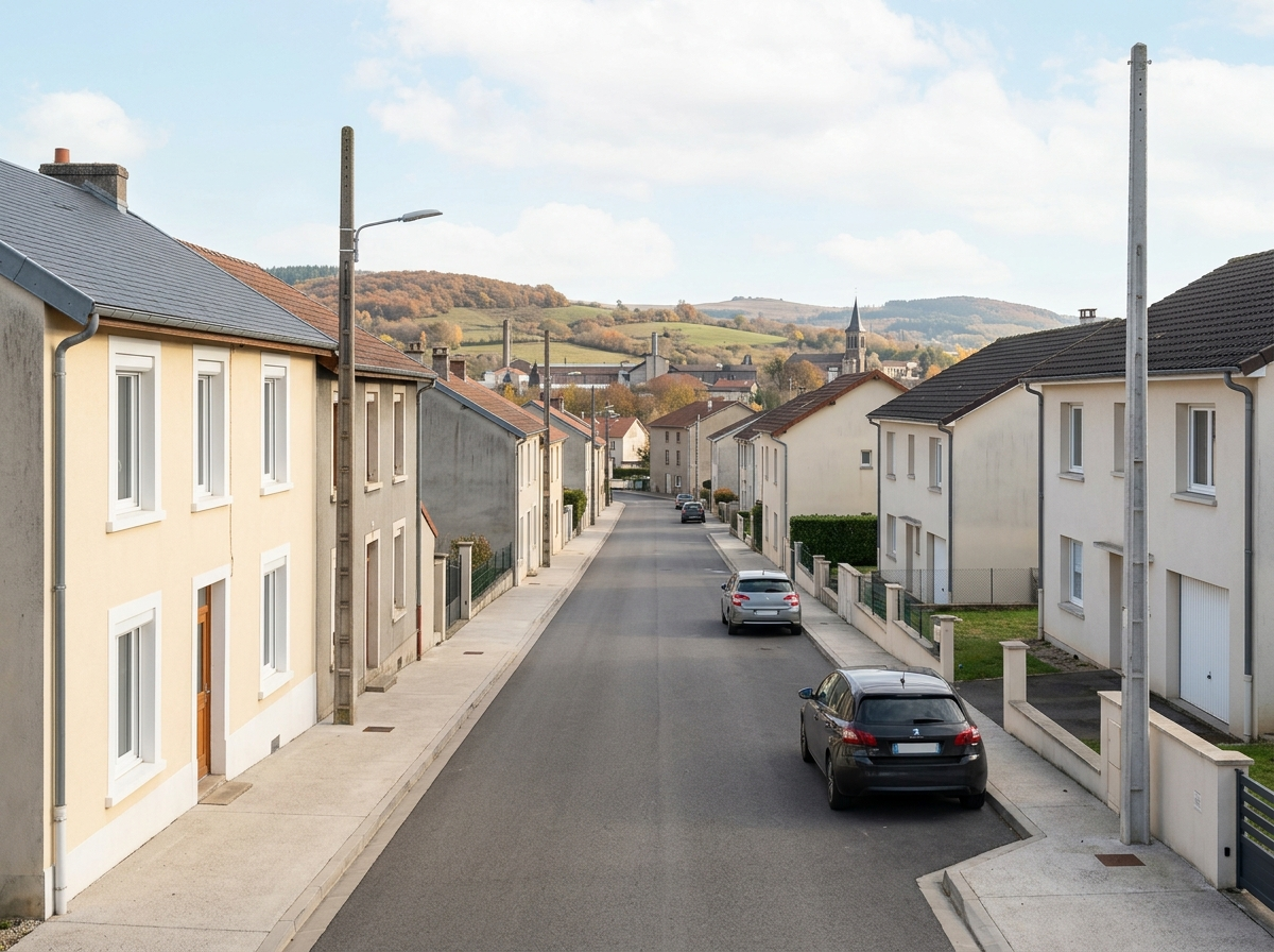 Rue avec un mélange de maisons anciennes et de constructions plus récentes
