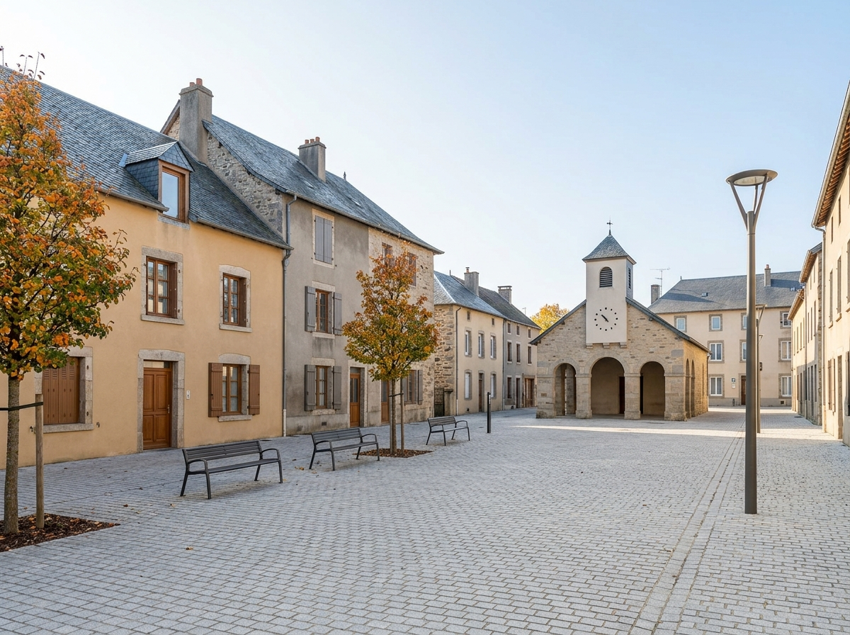 Petite place de centre-bourg ancien avec quelques maisons de pierre