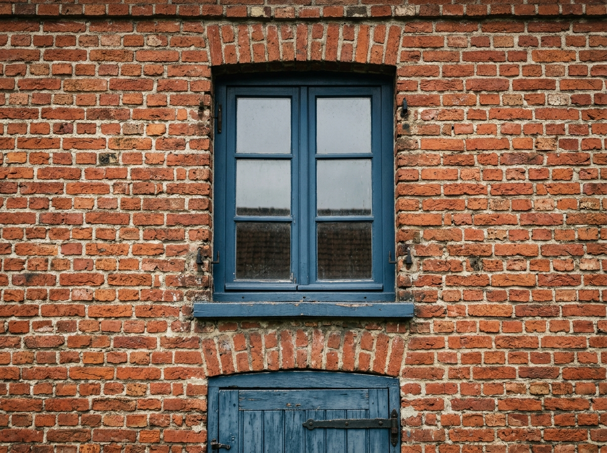 Gros plan sur une façade en brique ancienne typique d'un coron minier réhabilité