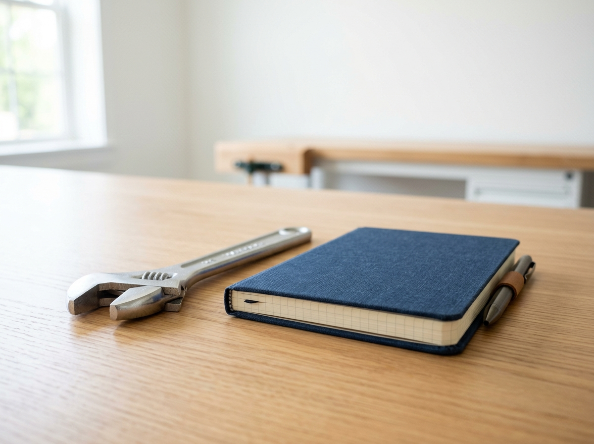 Gros plan sur une clé plate et un petit carnet technique posés côte à côte