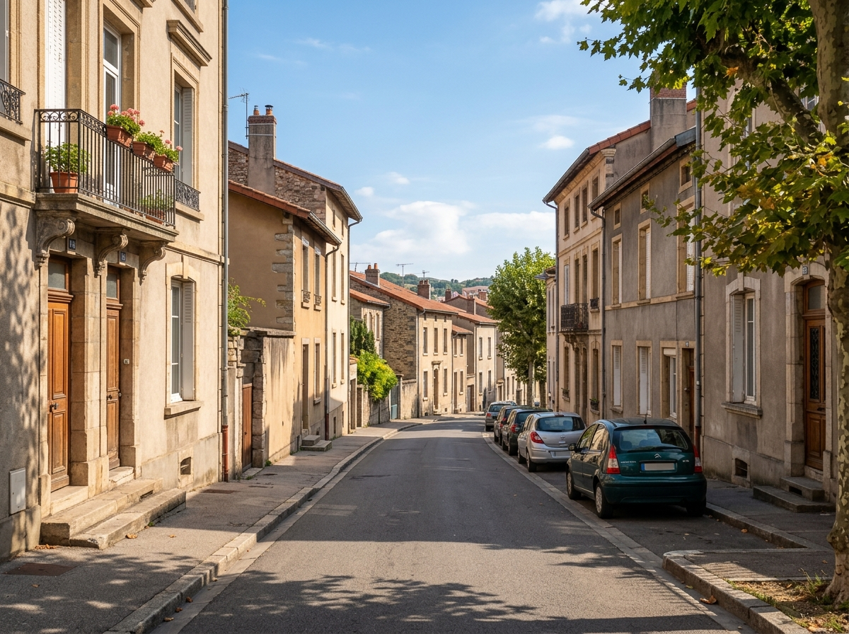 Rue résidentielle ensoleillée d'un quartier stéphanois en fin d'été