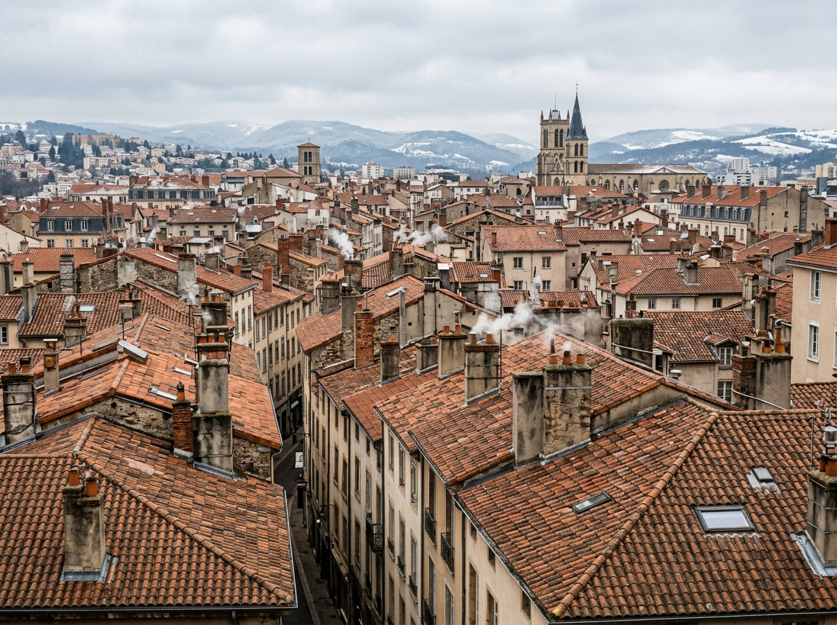 Vue sur les toits en tuiles et cheminées du centre de Saint-Étienne sous un ciel d'hiver