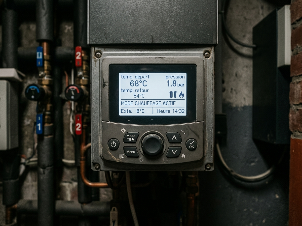 Gros plan sur le panneau de commande et l'écran d'une chaudière murale moderne dans une chaufferie