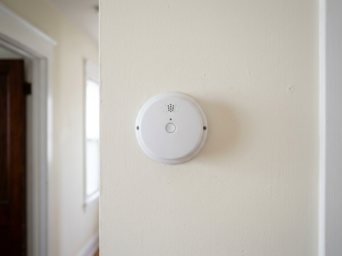 Gros plan sur un petit détecteur de monoxyde de carbone blanc fixé sur un mur intérieur