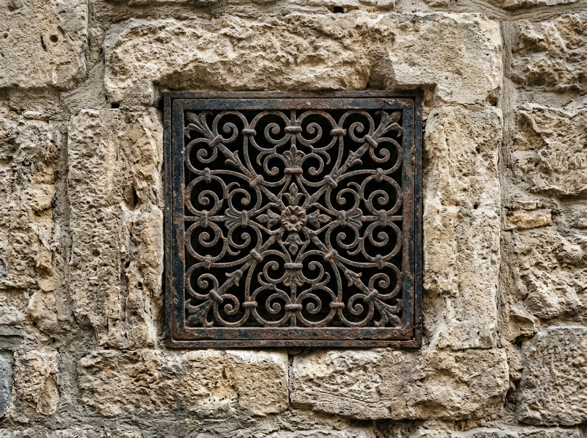 Gros plan sur une grille de ventilation ancienne encastrée dans un mur de pierre