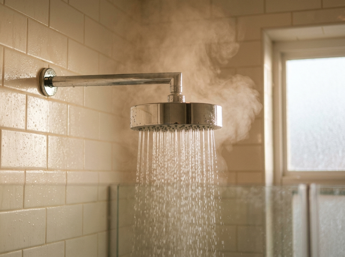 Pommeau de douche avec un léger nuage de vapeur