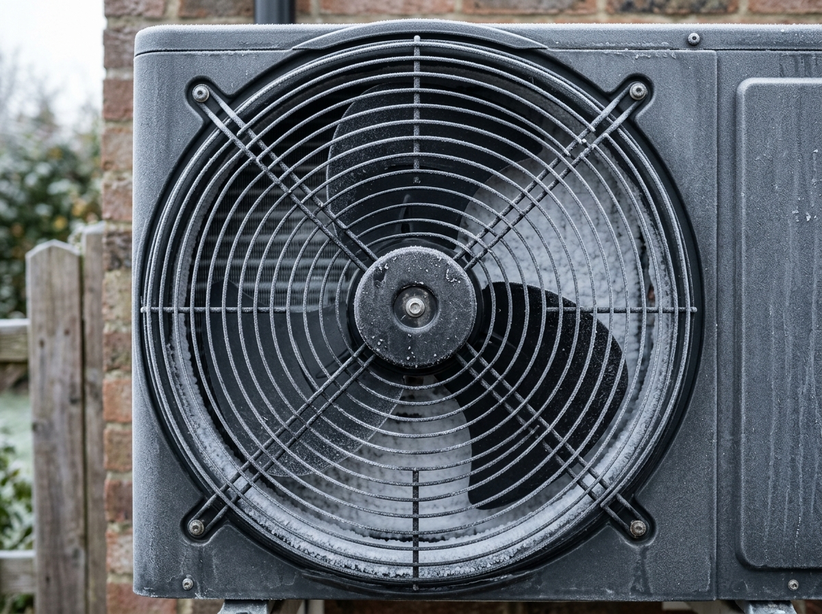 Gros plan sur le ventilateur d'une unité extérieure de pompe à chaleur avec un peu de givre sur les pales